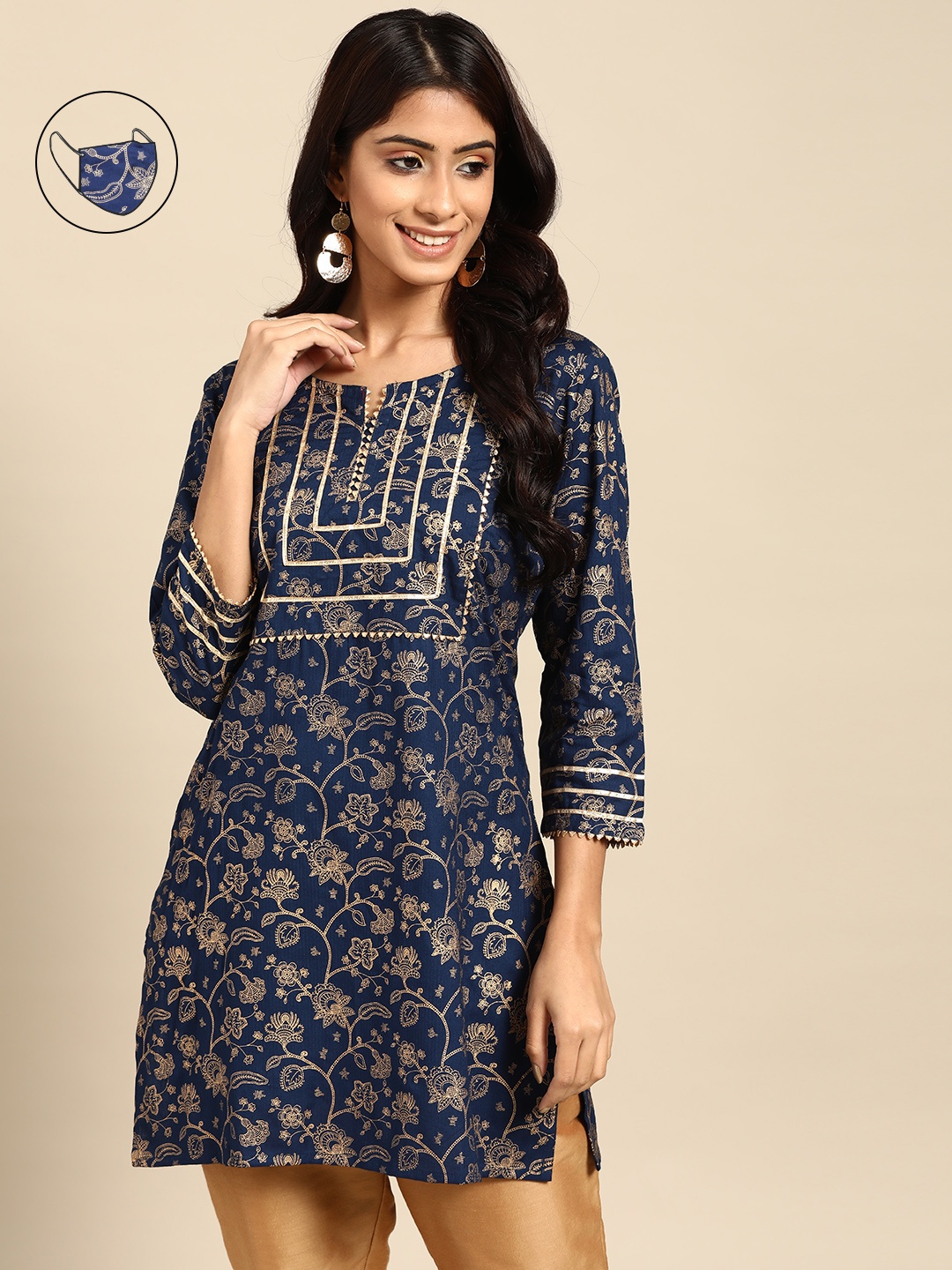 

RANGMAYEE Navy Blue & Golden Floral Foil Sanganeri Block Print Liva Kurti & Mask