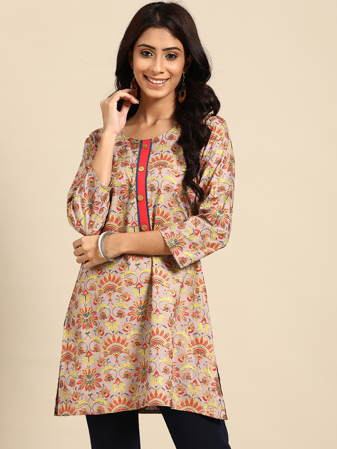 

RANGMAYEE Grey& Orange Sanganeri Block Print Pure Cotton Kurti