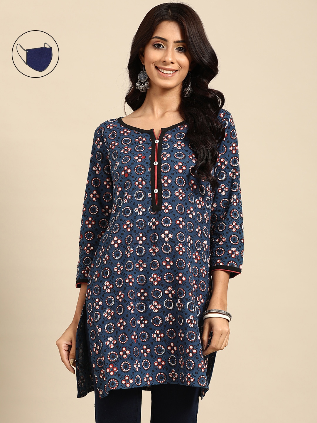 

RANGMAYEE Navy Blue & White Floral Sanganeri Block Printed Pure Cotton Kurti & Mask