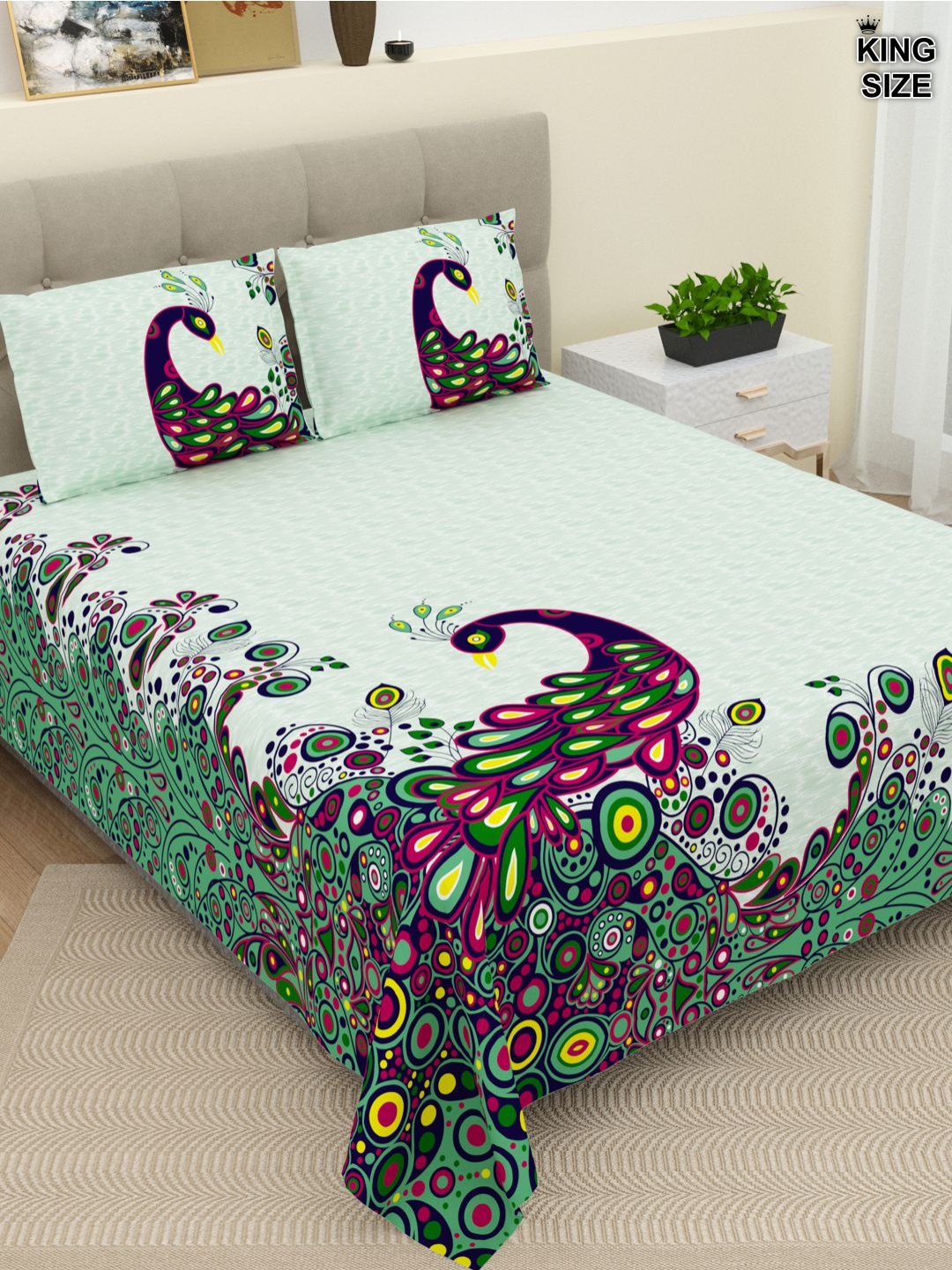 

DREAM WEAVERZ White & Green Peacock Print Pure Cotton 220 TC King Bedsheet Set