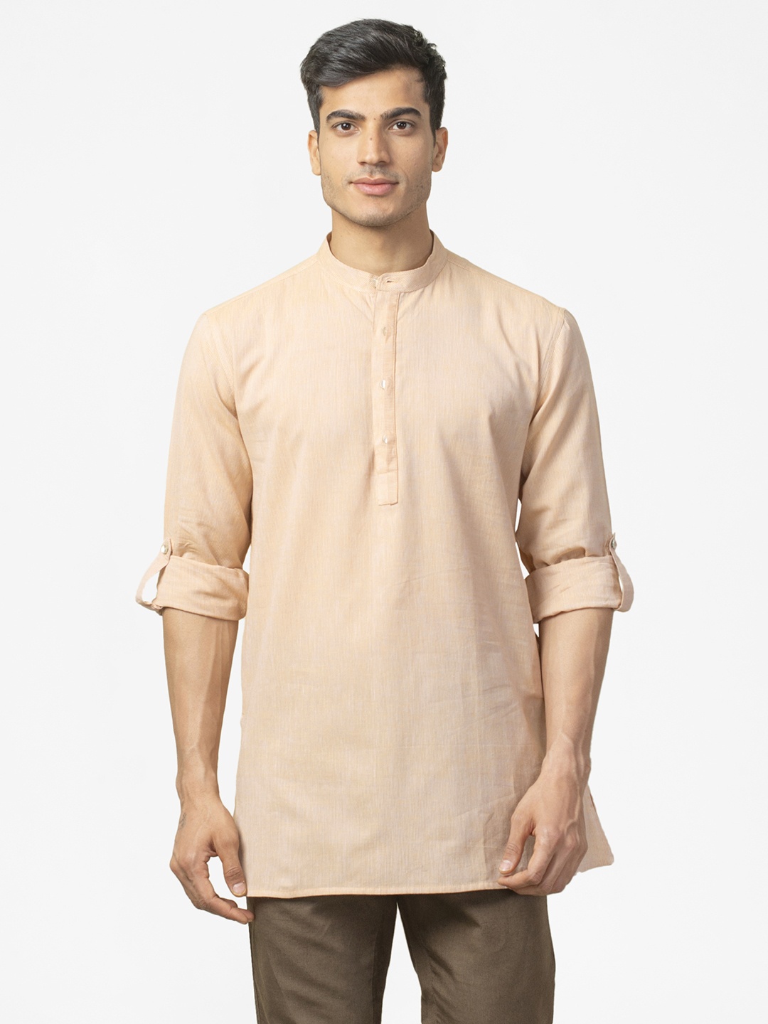

Fabindia Men Beige & Off-White Pure Cotton Striped Straight Kurta