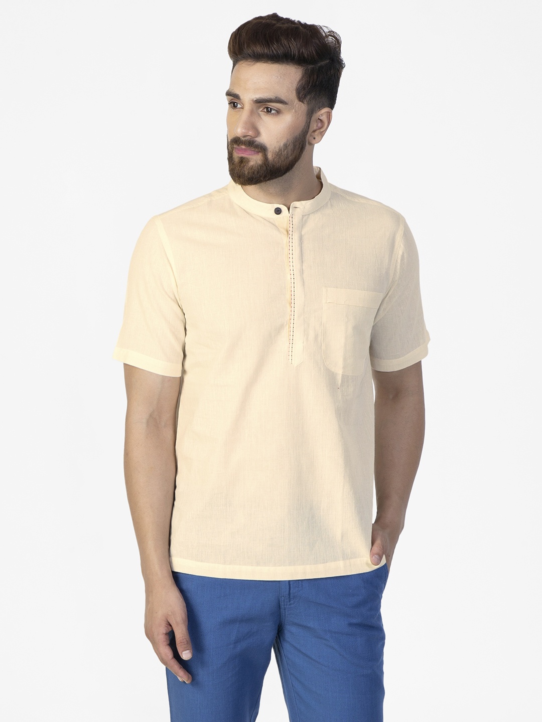 

Fabindia Men Off White & Yellow Pure Cotton Self-Design Straight Short Kurta