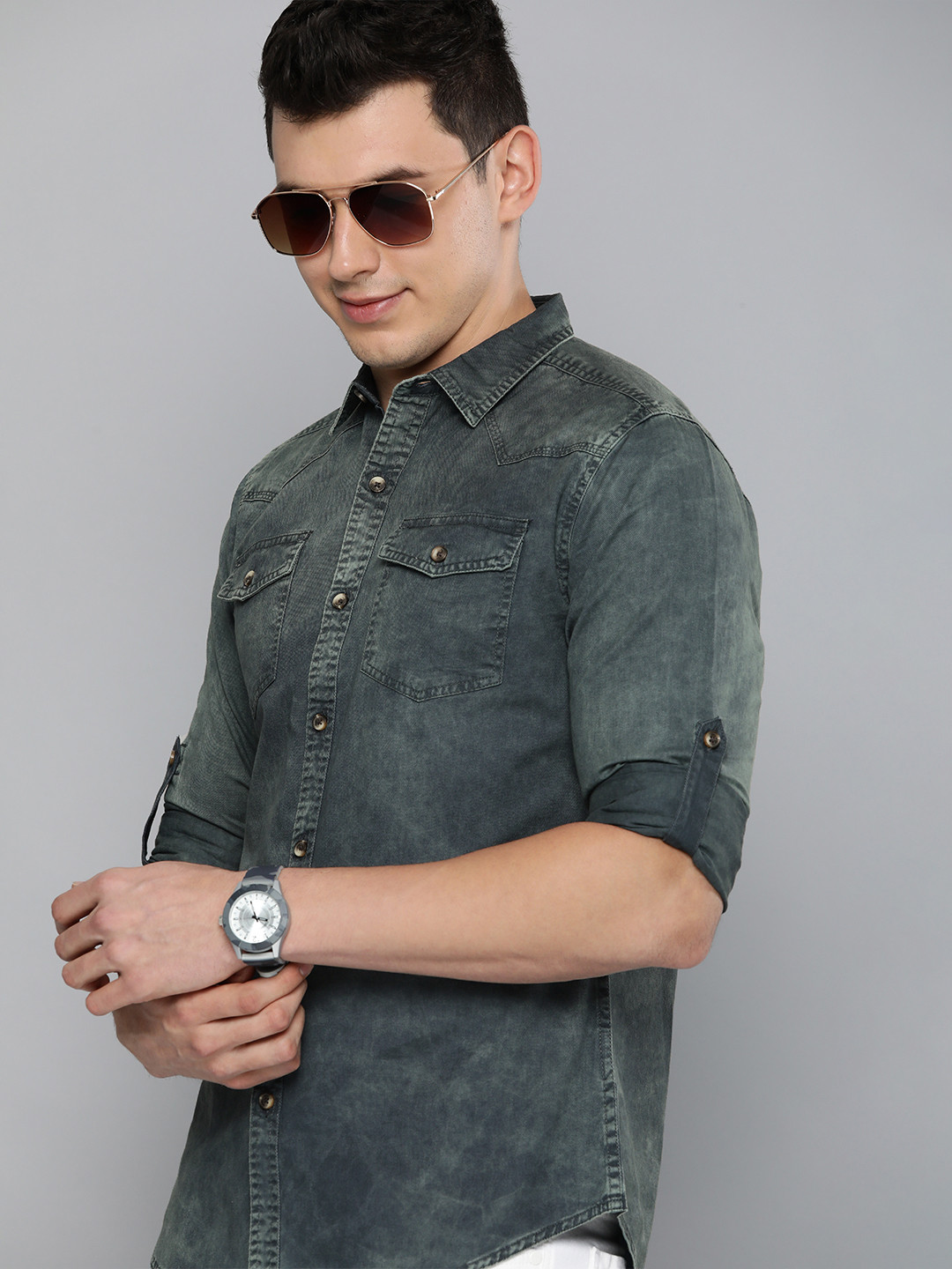 

HERE&NOW Men Grey Slim Fit Washed Pure Cotton Casual Shirt
