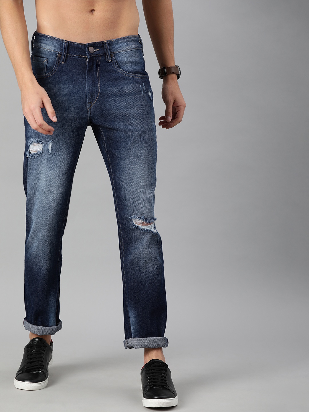 

HERE&NOW Men Blue Mid-Rise Slash Knee Slim Fit Heavy Fade Jeans