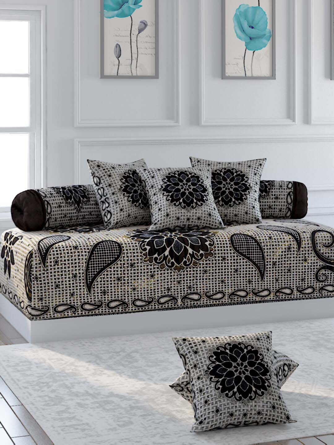 

Bromwick Set Of 8 Brown & White Printed Cotton Diwan Set