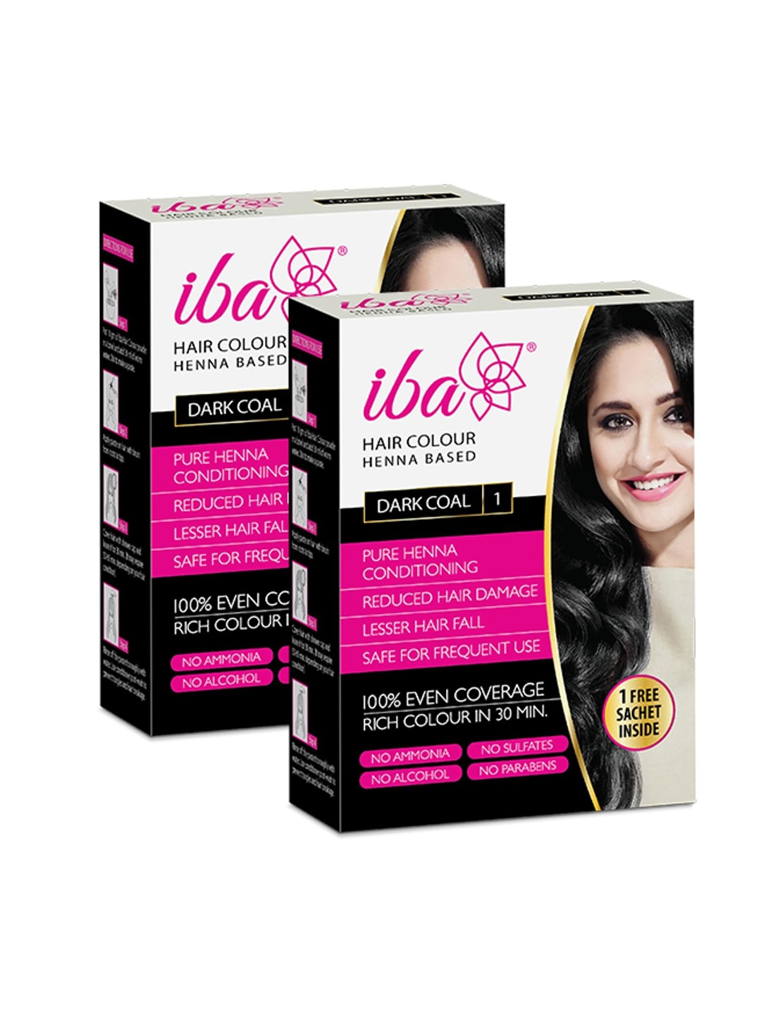 

Iba Hair Colour Set of 2 100% Pure Henna Based Powder Sachet - Dark Coal, 70g, Black