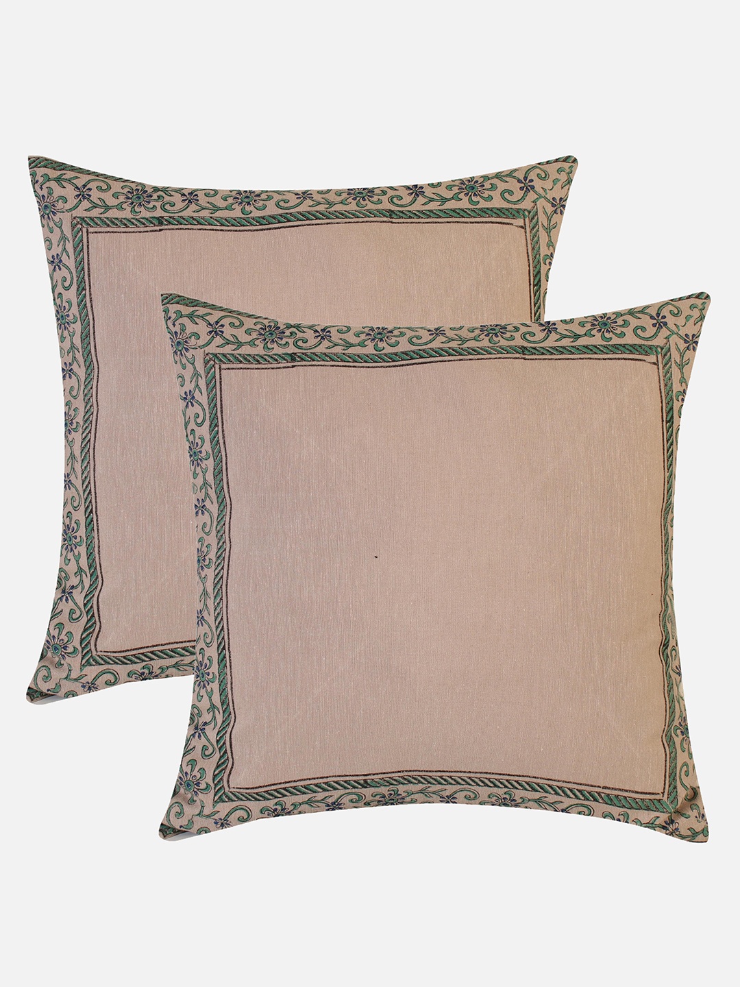 

Molcha Set Of 2 Beige & Green Ethnic Motifs Square Cushion Covers