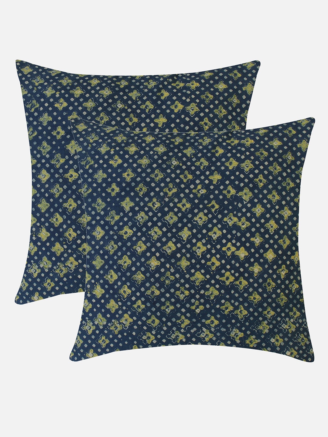 

Molcha Set Of 2 Navy Blue & Green Chokadi Bela Hand Crafted Ajrak Square Cushion Covers