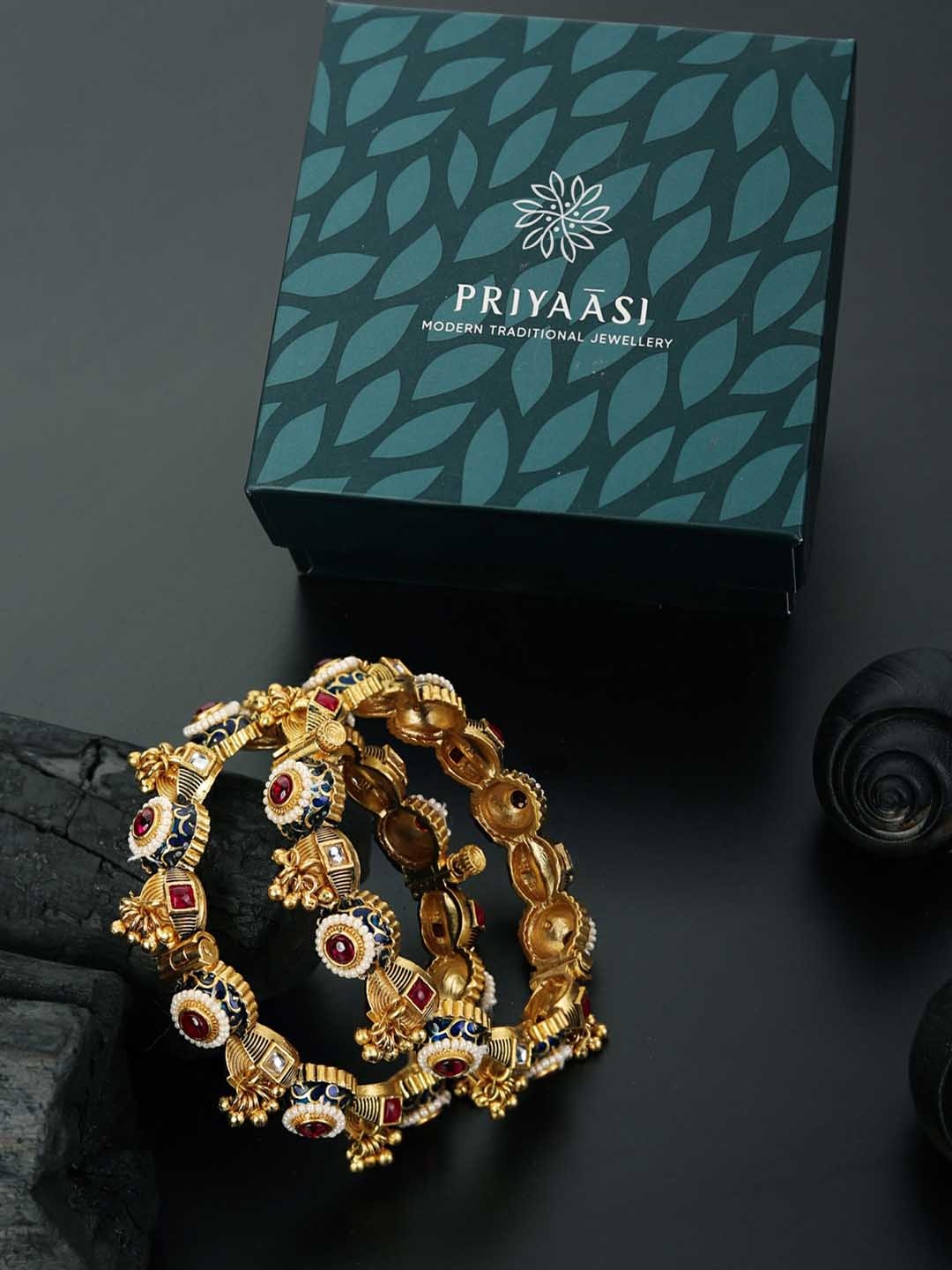 

Priyaasi Set Of 2 Gold-Plated Red & Blue Ruby & Kundan-Studded Beaded Meenakari Bangles