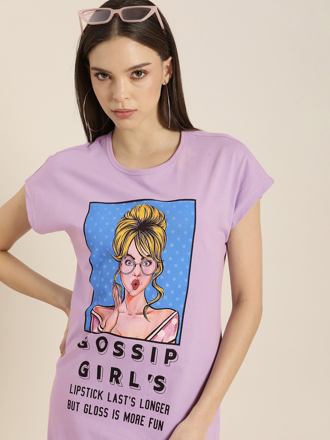 

Moda Rapido Lavender Graphic Printed Pure Cotton T-shirt Dress