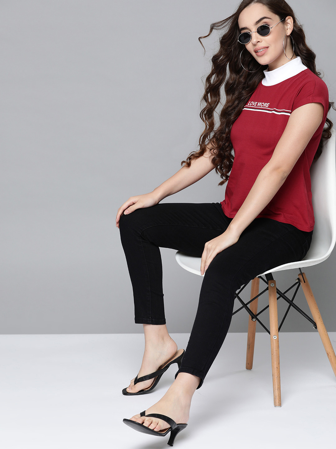 

HERE&NOW Women Maroon Solid High Neck T-shirt