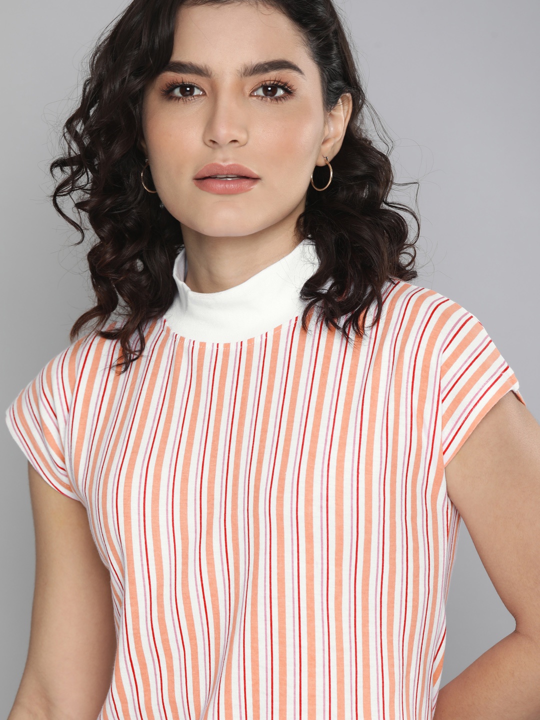 

HERENOW Women White Orange Striped High Neck Extended Sleeves Pure Cotton T-shirt