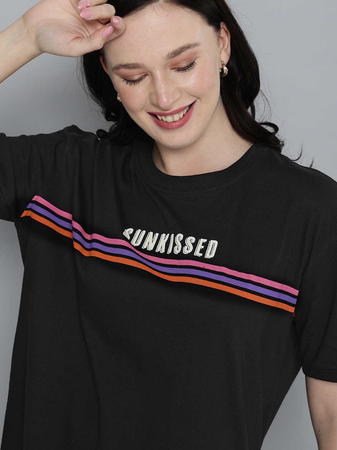 

HERENOW Women Black Typography Printed Drop-Shoulder Sleeves Pure Cotton T-shirt