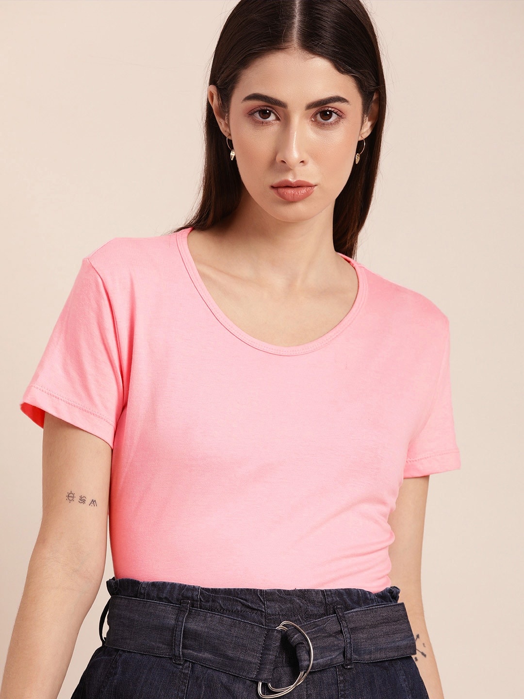 

Moda Rapido Women Pink Solid Pure Cotton T-shirt