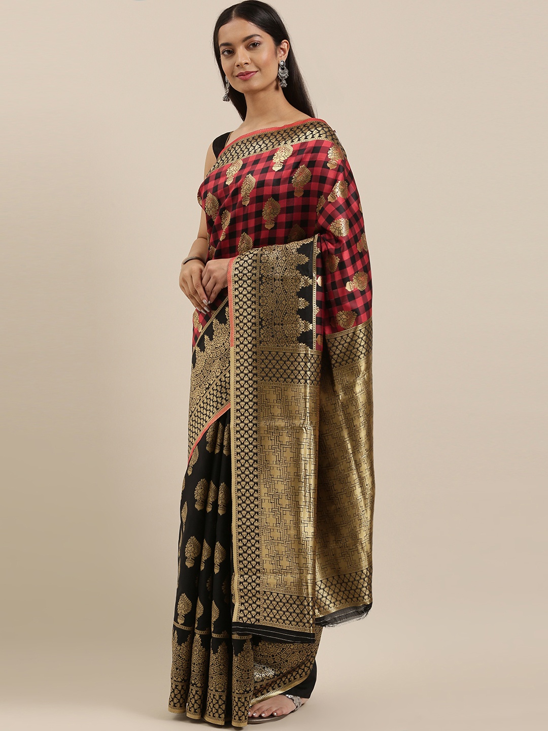 

cbazaar Black & Red Ethnic Motifs Zari Art Silk Half and Half Saree