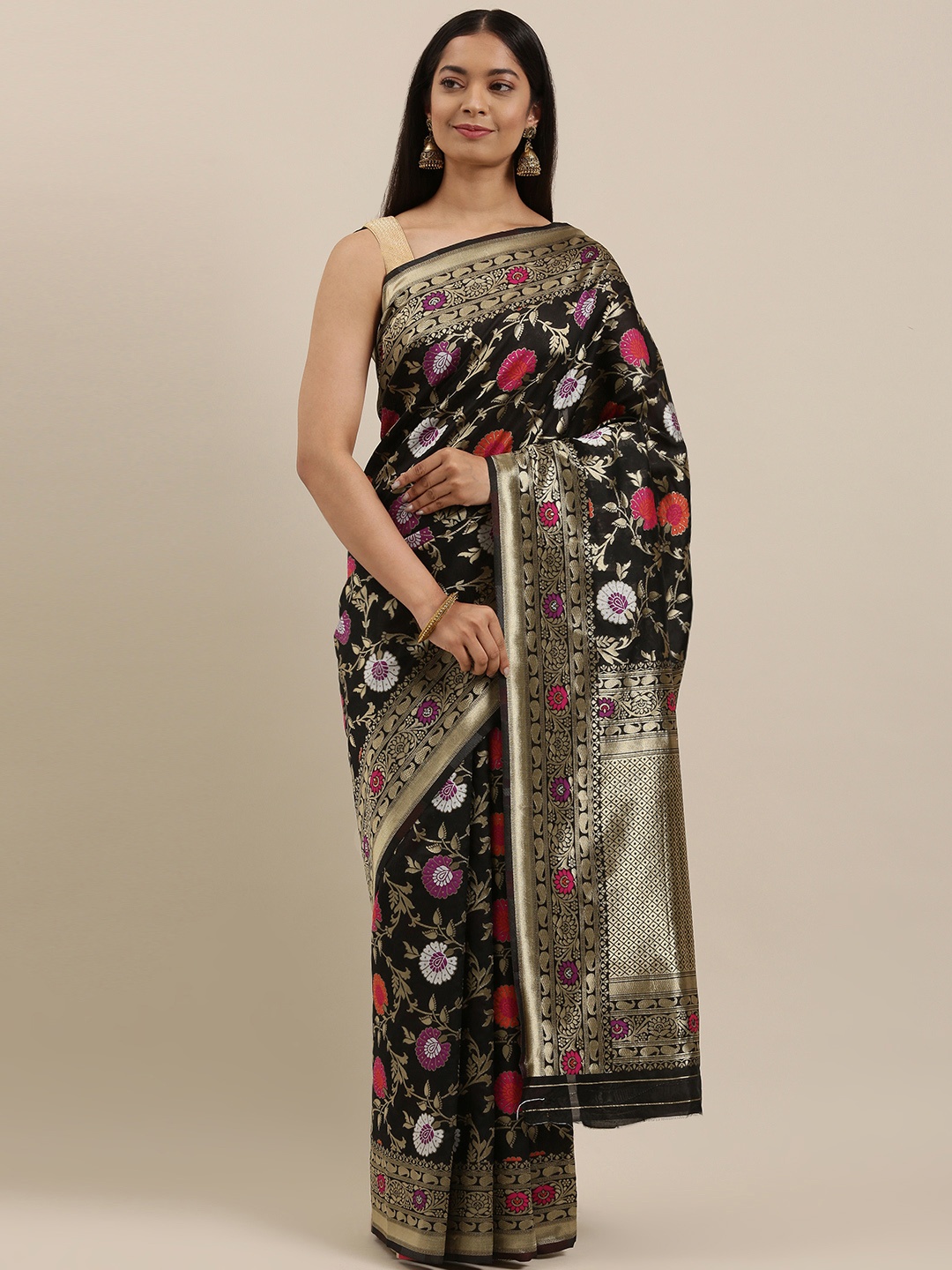 

Ethnovogue by cbazaar Black & Gold-Toned Floral Zari Art Silk Banarasi Saree