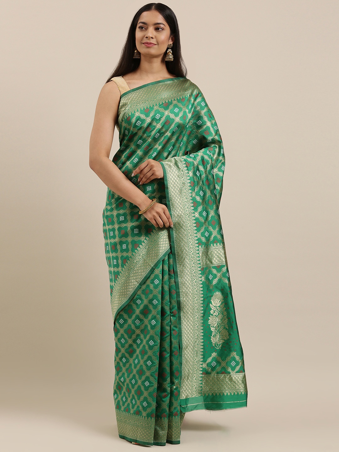 

cbazaar Teal Green & Golden Floral Woven Design Zari Art Silk Saree
