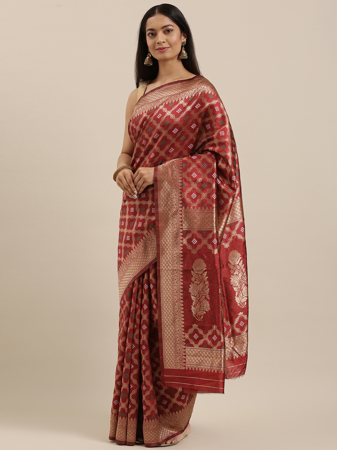 

Ethnovogue by cbazaar Red & Gold-Toned Bandhani Zari Art Silk Saree