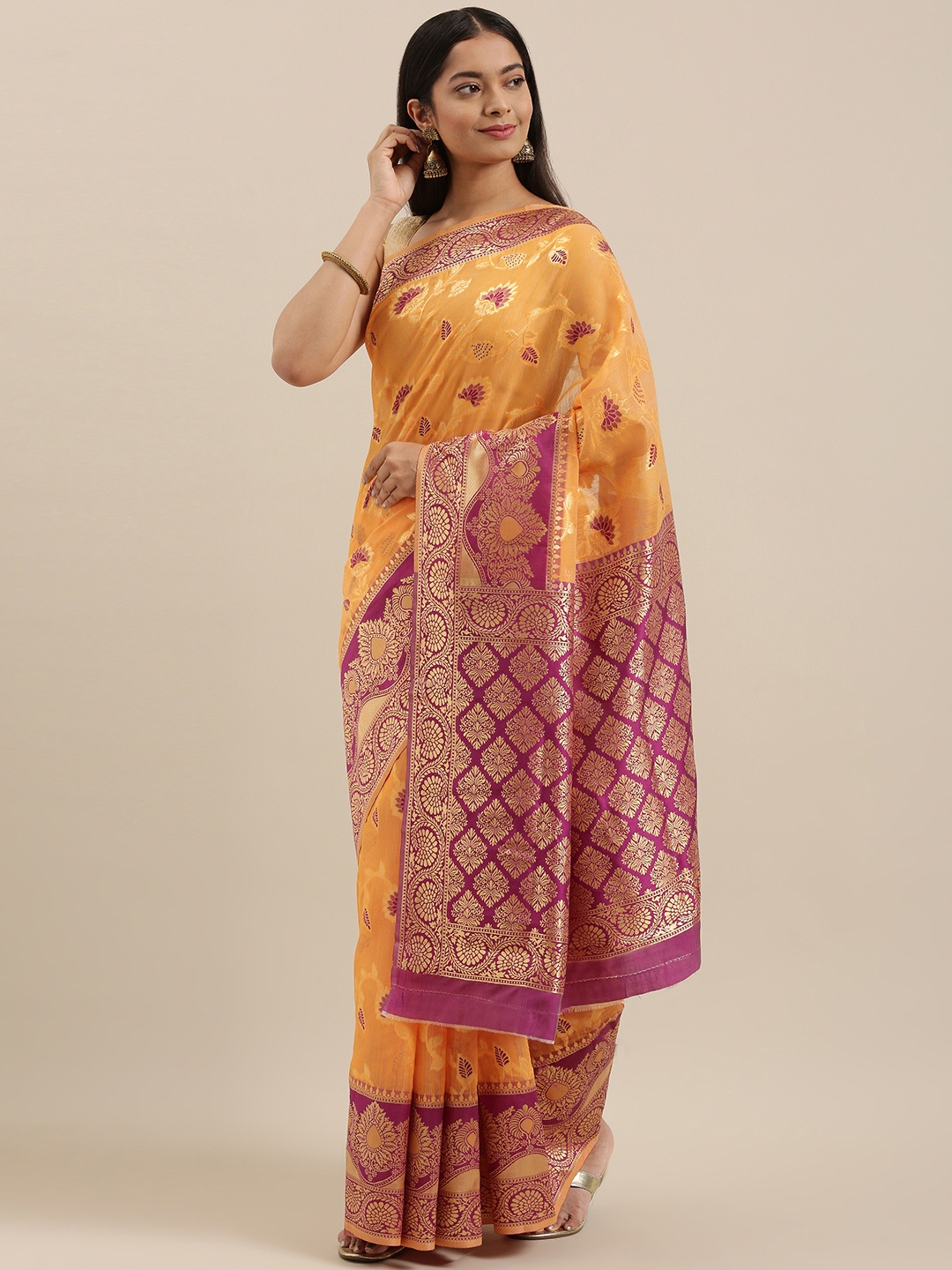

cbazaar Orange & Purple Floral Woven Design Zari Silk Cotton Saree
