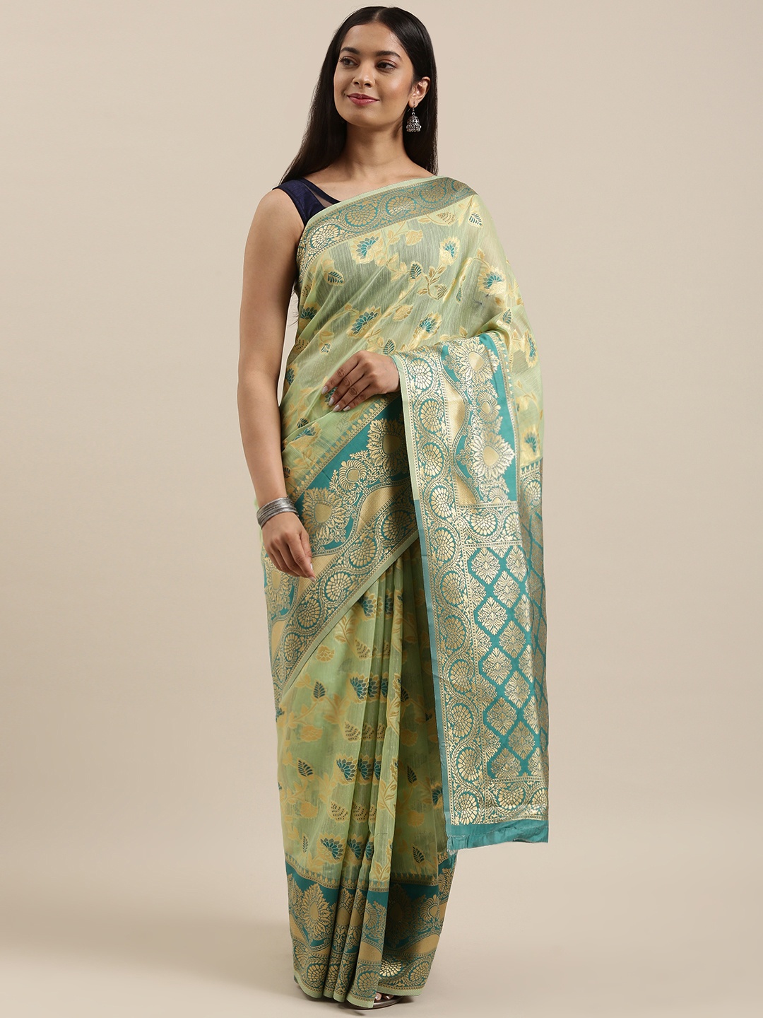 

cbazaar Green & Golden Ethnic Motifs Zari Silk Cotton Saree