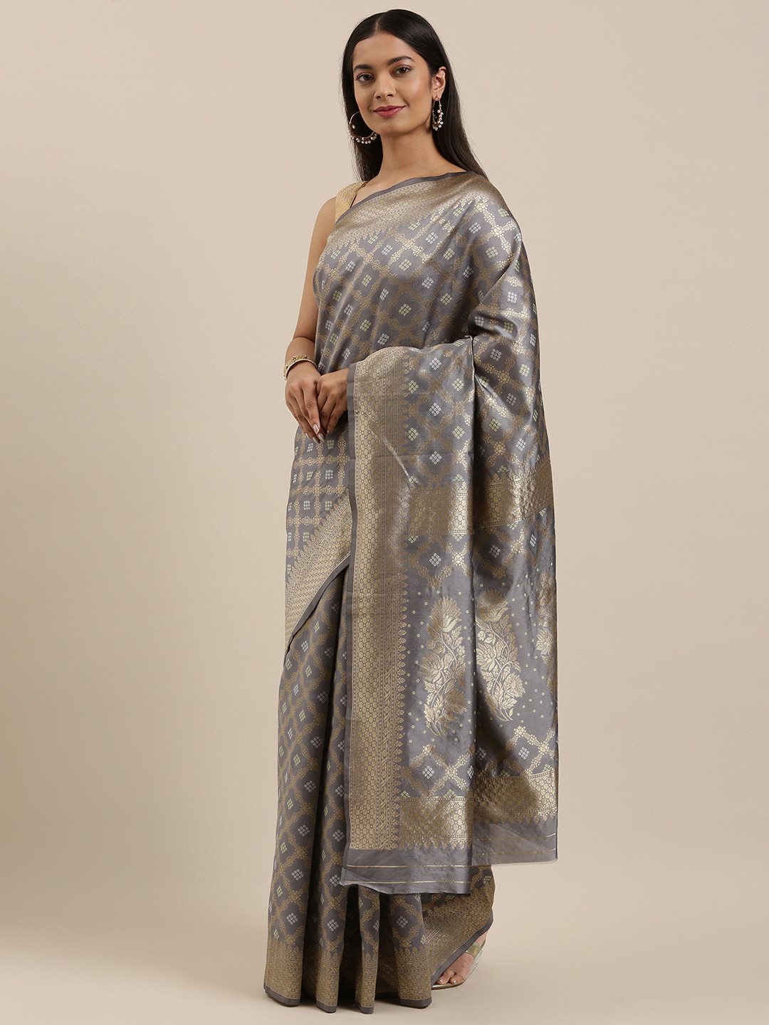 

cbazaar Grey & Golden Ethnic Motifs Zari Art Silk Banarasi Saree