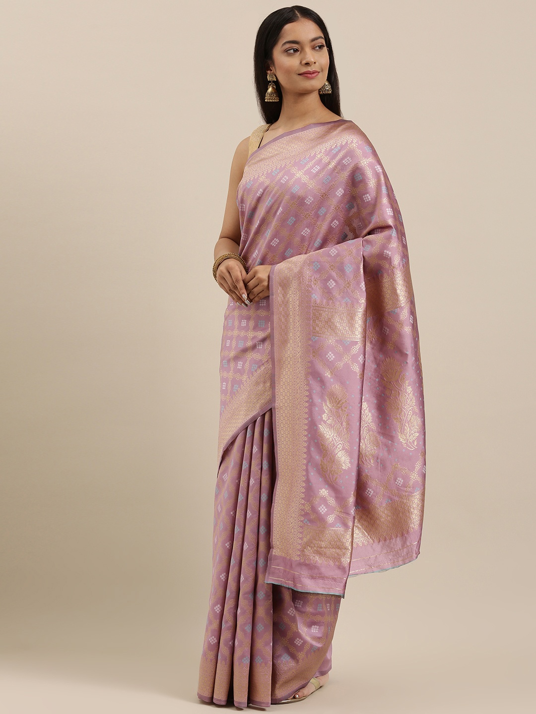 

cbazaar Lavender & Golden Floral Woven Design Zari Art Silk Saree