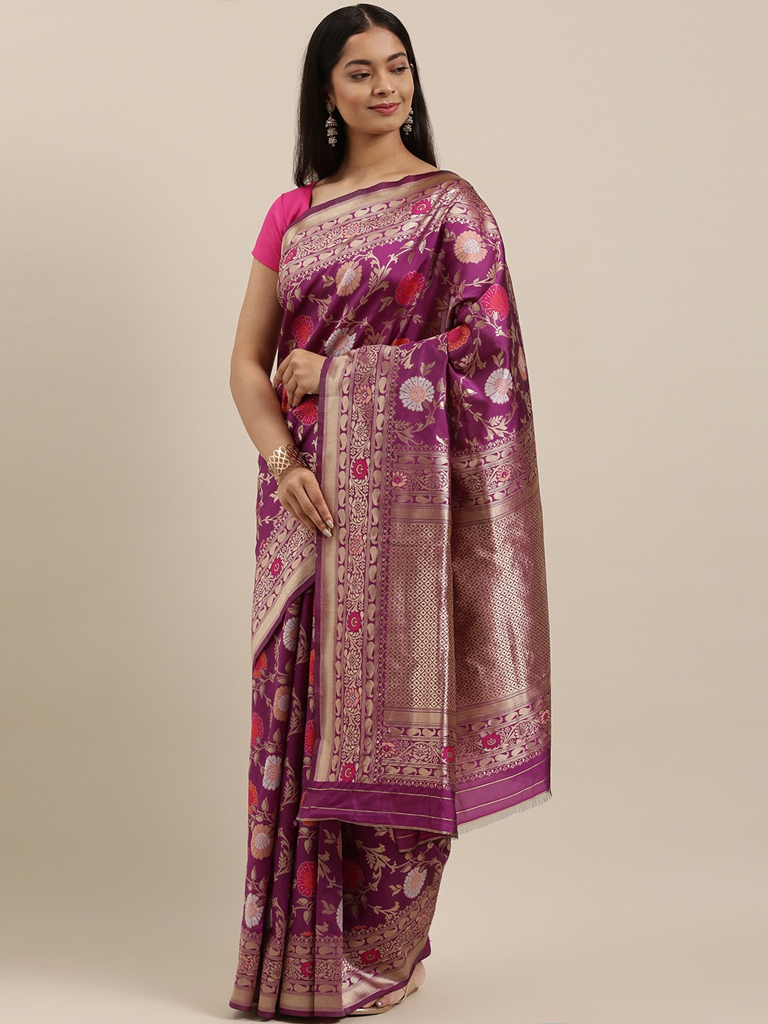 

cbazaar Purple & Gold-Toned Floral Zari Art Silk Saree