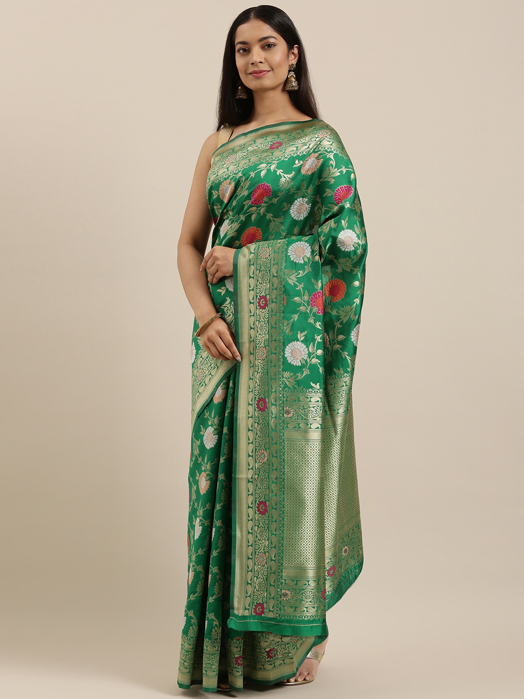 

Ethnovogue by cbazaar Green & Gold-Toned Floral Zari Art Silk Saree