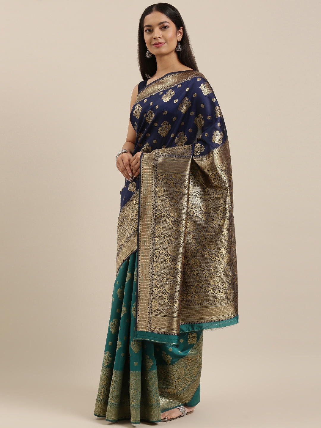 

cbazaar Green & Navy Blue Ethnic Motifs Zari Art Silk Half and Half Saree