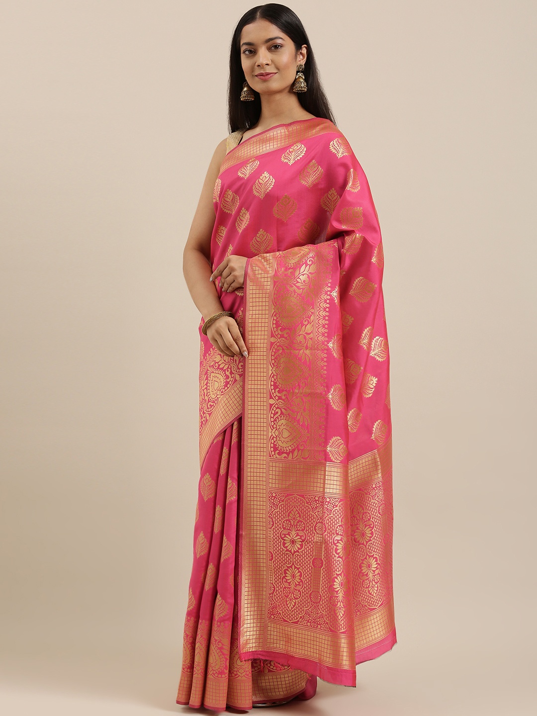 

cbazaar Pink & Gold-Toned Ethnic Motifs Zari Art Silk Saree