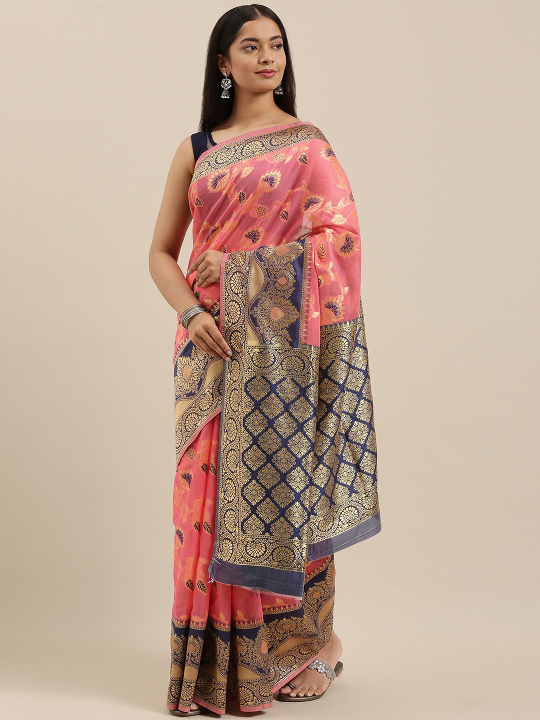 

cbazaar Pink & Navy Blue Ethnic Motifs Zari Silk Cotton Saree
