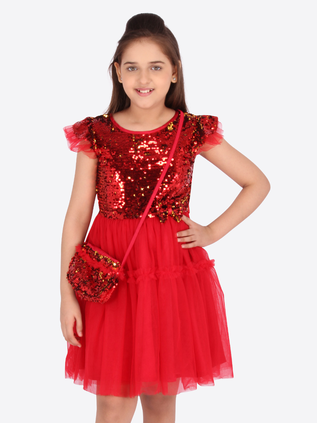

CUTECUMBER Girls Red Net Embellished Fit & Flare Dress with Slingbag