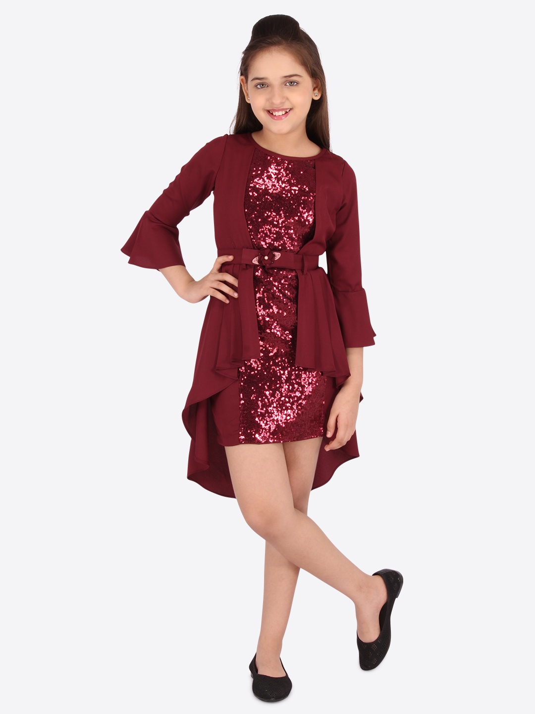 

CUTECUMBER Girls Maroon Georgette High-Low Dress