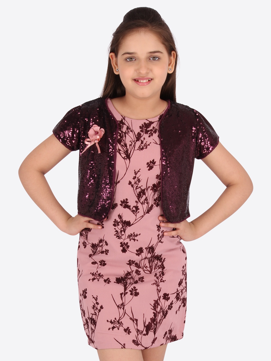

CUTECUMBER Girls Maroon Floral Satin A-Line Dress