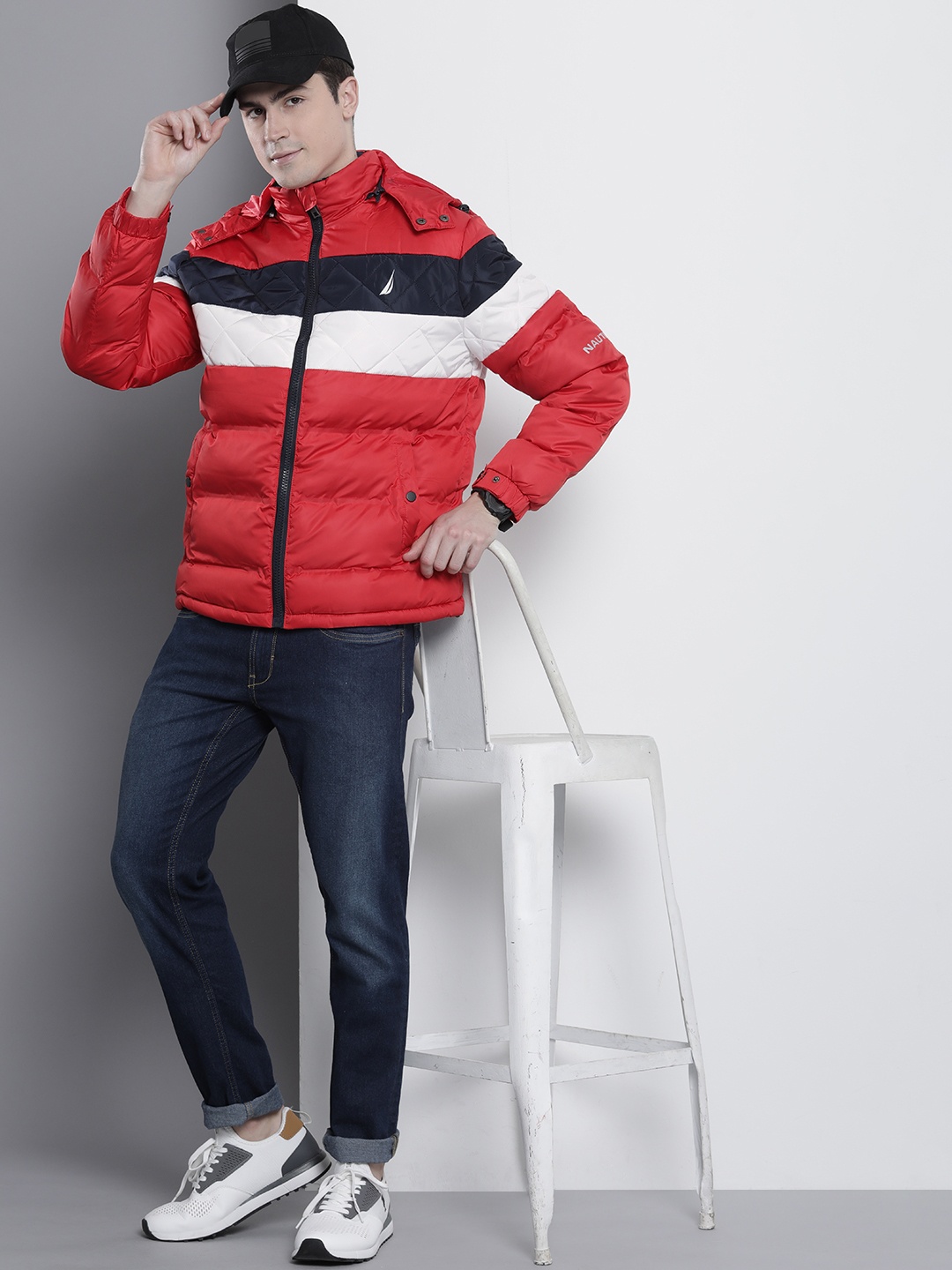 

Nautica Striped Puffer Jacket With Detachable Hood, Red