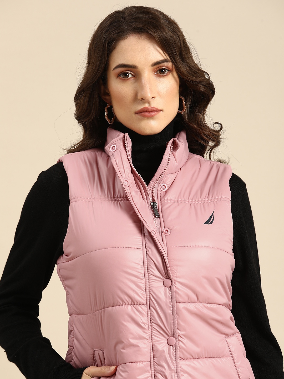 

Nautica Women Pink Solid Sleeveless Padded Jacket