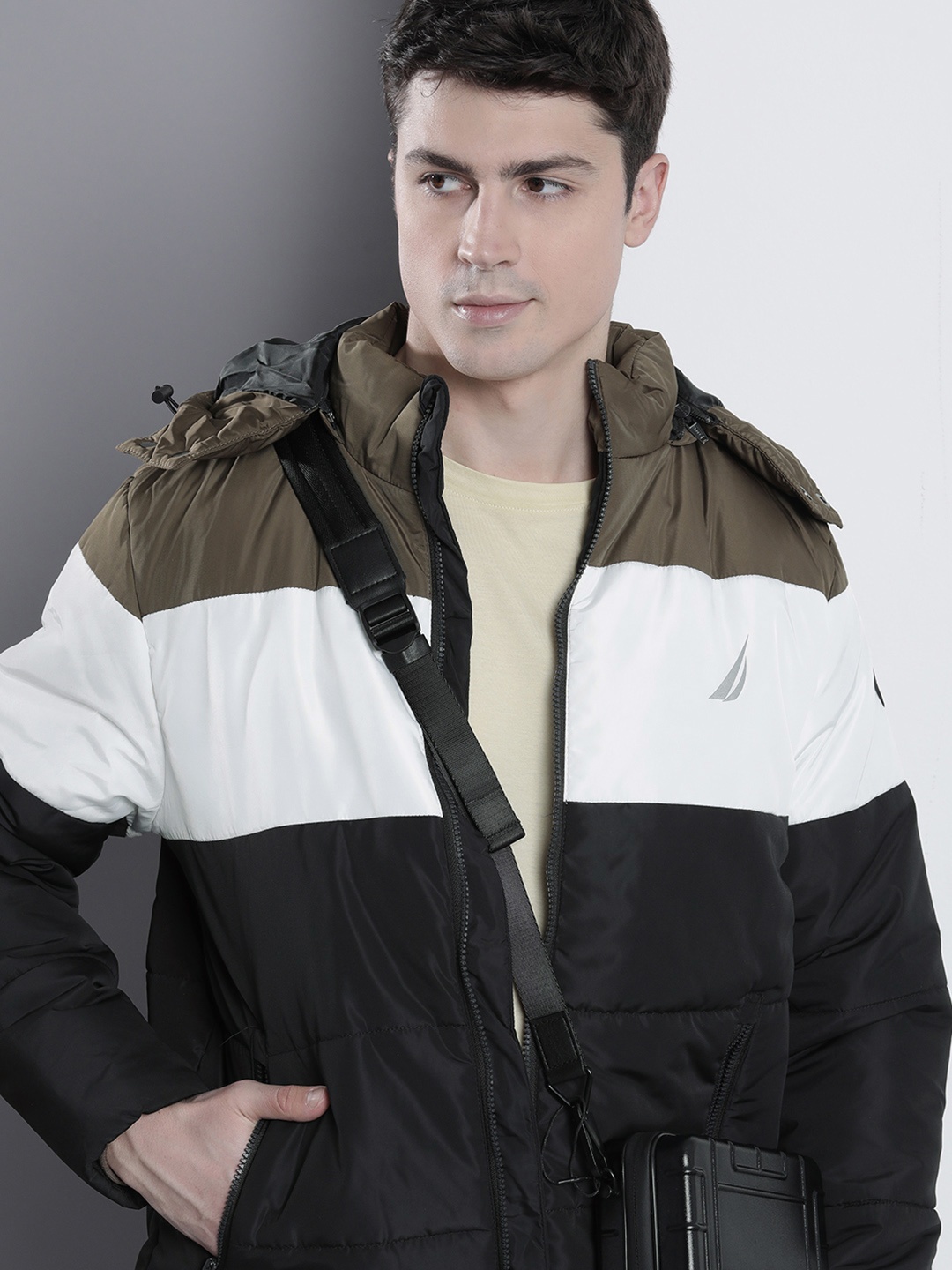 

Nautica Colourblocked Puffer Jacket With Detachable Hood, Black