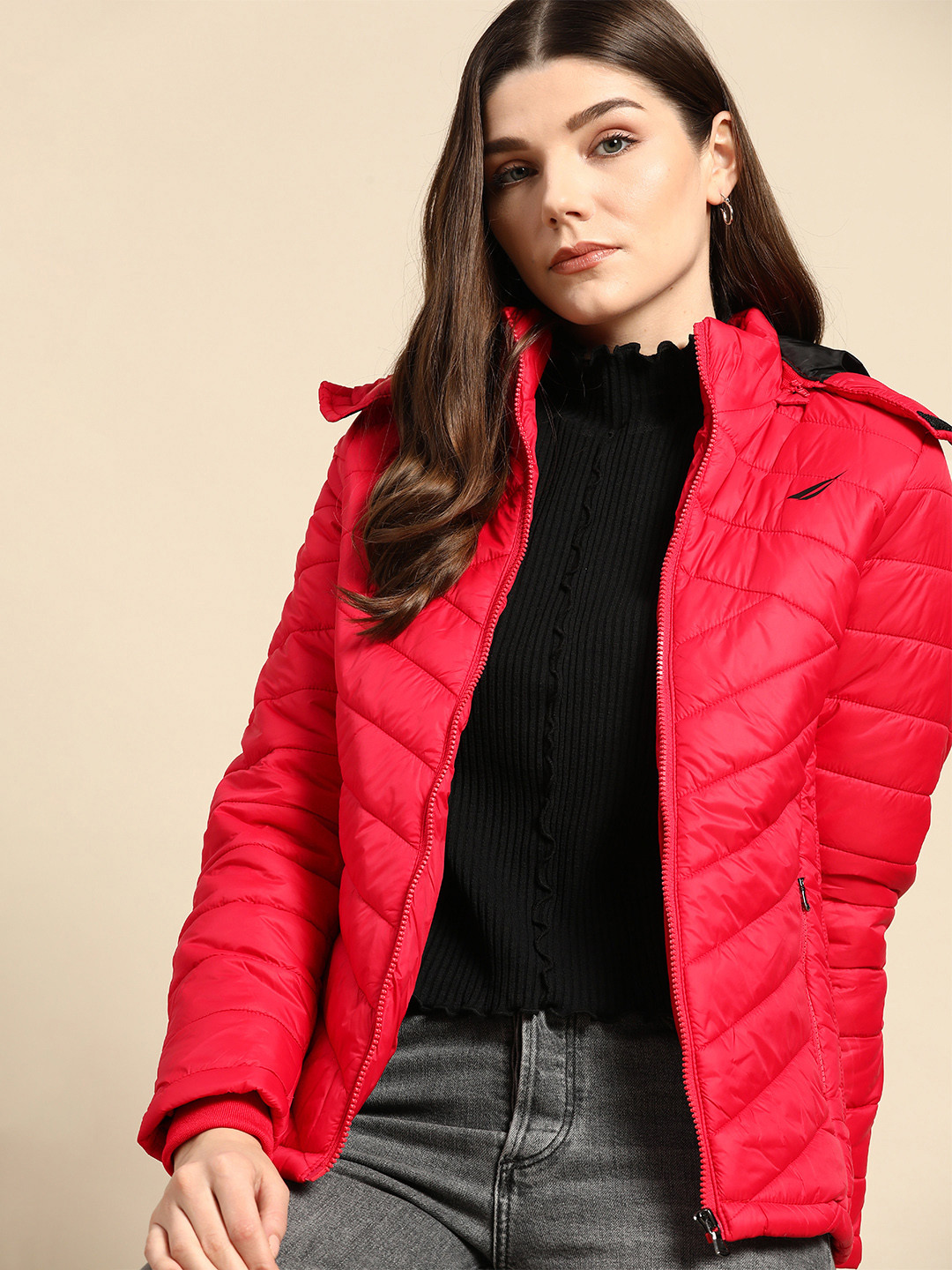 

Nautica Women Red Solid Padded Jacket