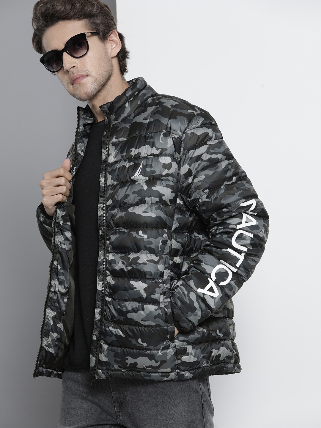 

Nautica Men Black & Grey Camouflage Print Puffer Jacket