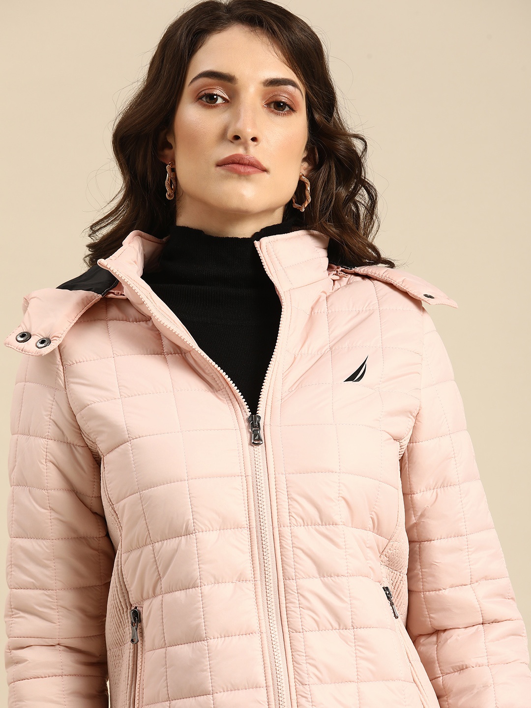

Nautica Women Pink Solid Long Sleeved Padded Jacket