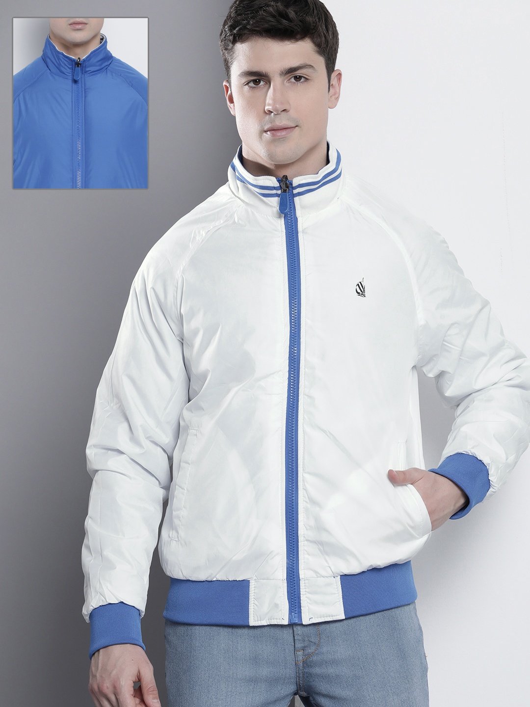 

Nautica Men Reversible Nautical Printed Bomber with Patchwork Jacket, White