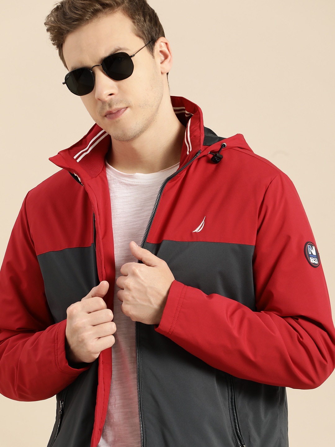 

Nautica Men Red & Charcoal Grey Colourblocked Sporty Jacket