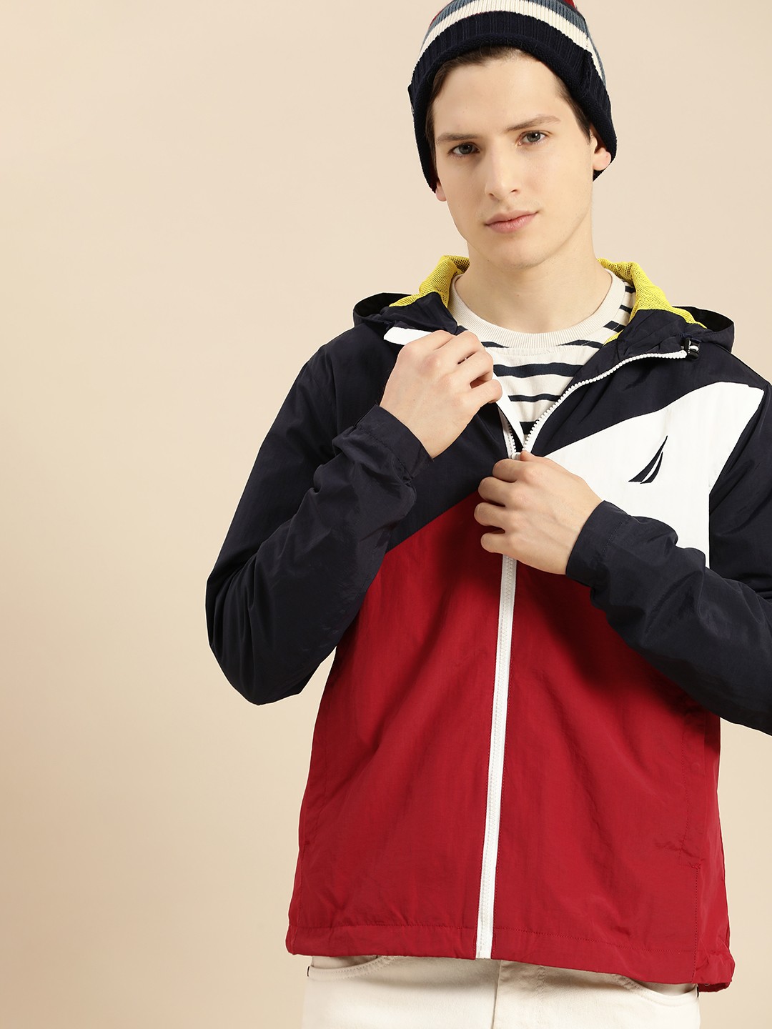 

Nautica Men Red & Navy Blue Colourblocked Sporty Jacket