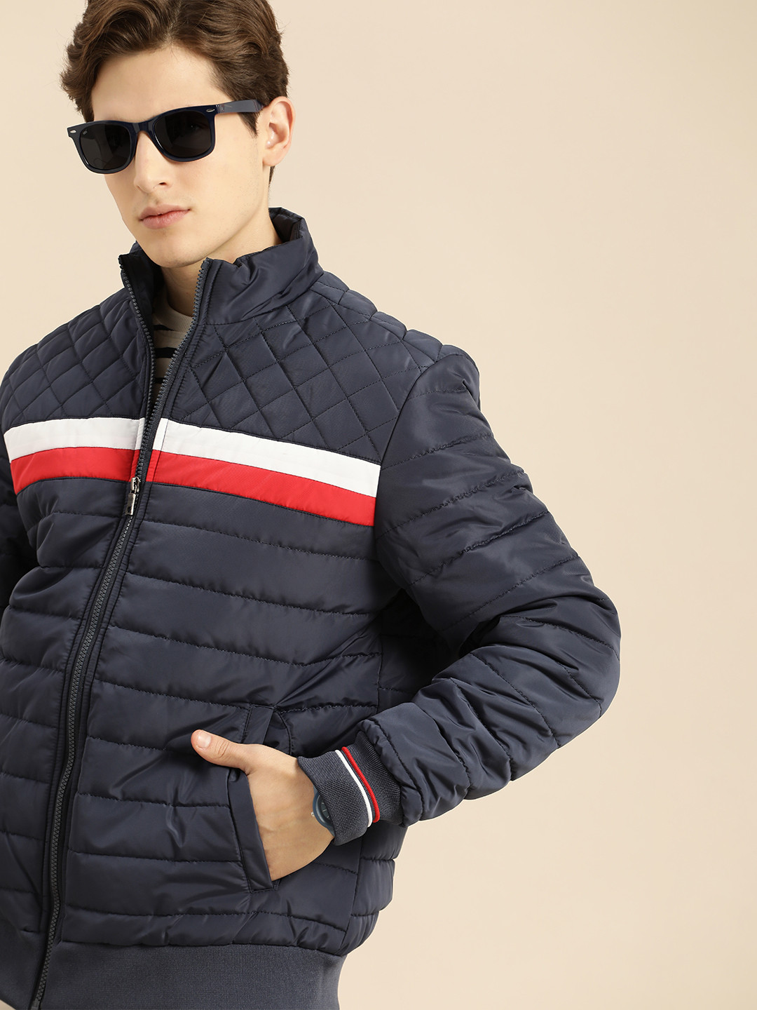 

Nautica Men Navy Blue & Red Striped Puffer Jacket