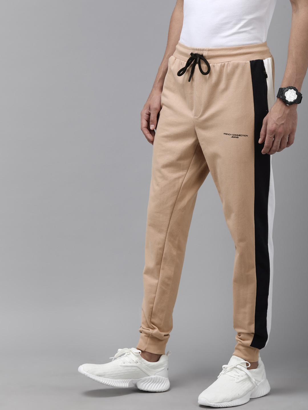 

French Connection Men Camel Brown & Navy Blue Slim Fit Side Striped Joggers