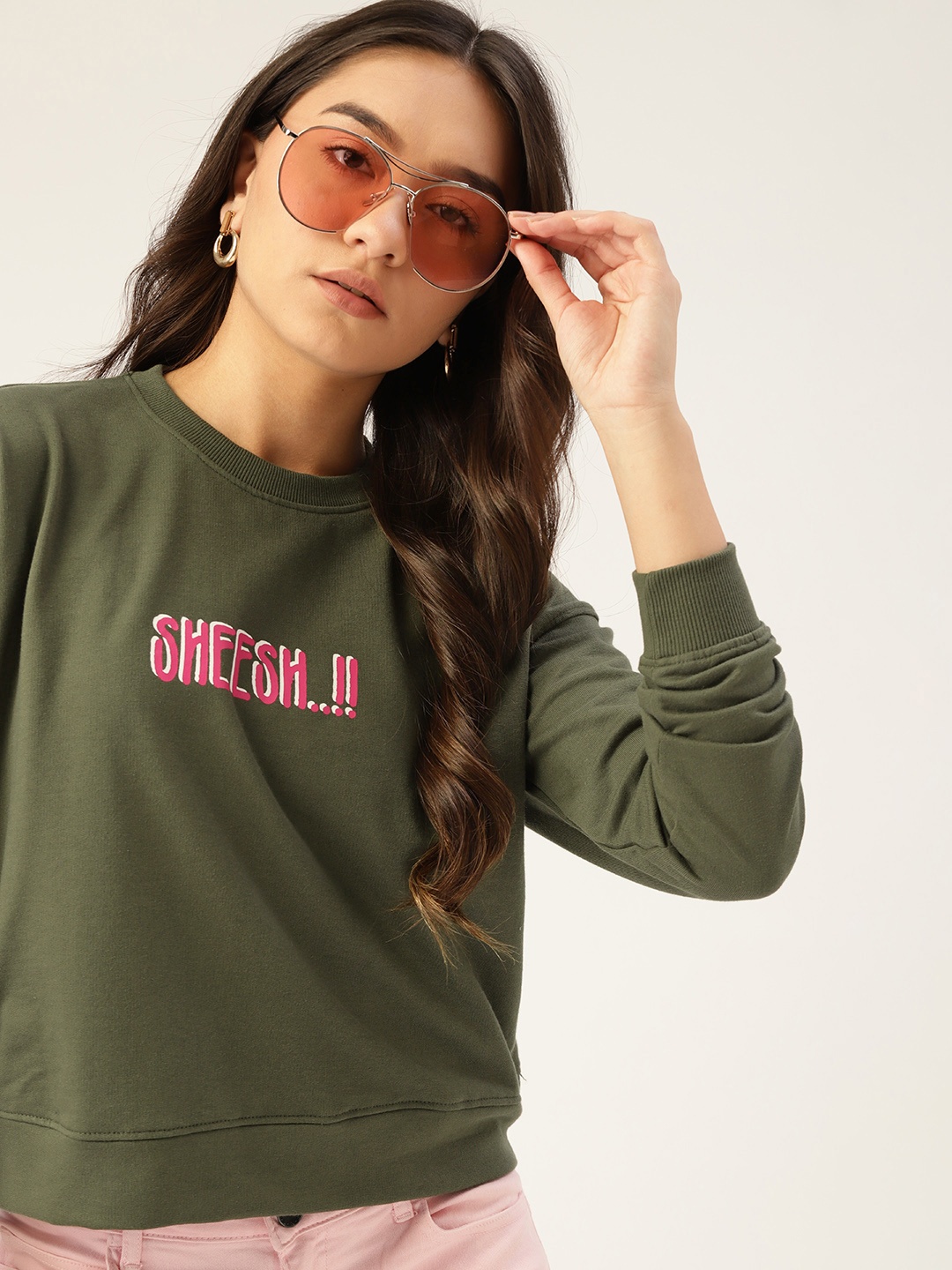 

DressBerry Women Olive Green & Pink Typography Printed Sweatshirt