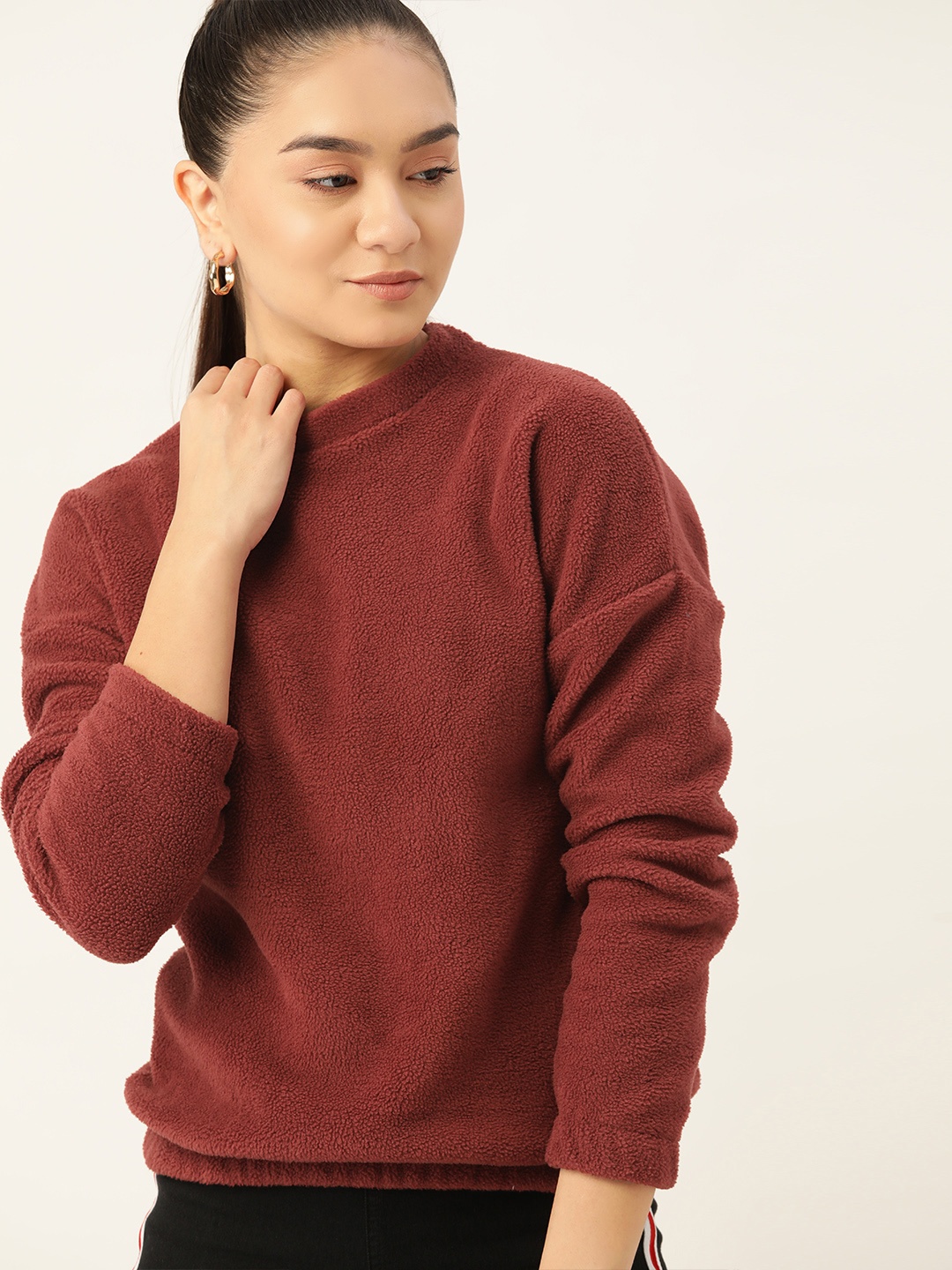 

DressBerry Women Maroon Solid Sherpa Sweatshirt