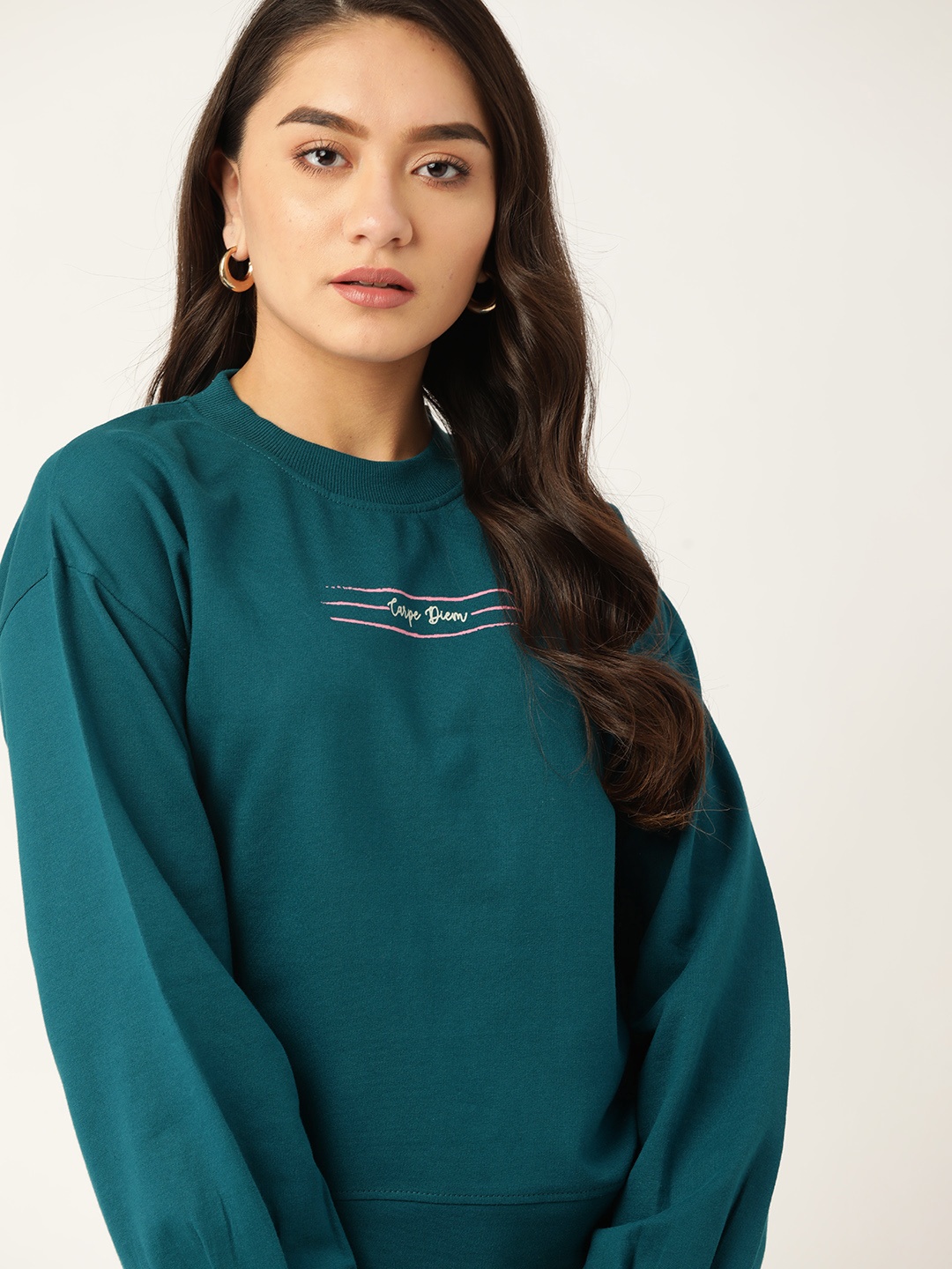 

DressBerry Women Teal Green Solid Pure Cotton Sweatshirt With Print Detail