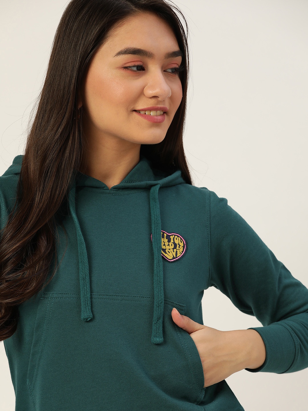 

DressBerry Women Teal Green Solid Hooded Sweatshirt