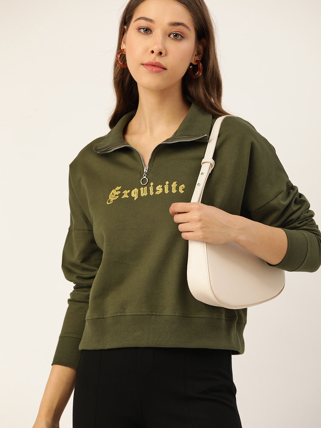 

DressBerry Women Olive Green Pure Cotton Printed Sweatshirt
